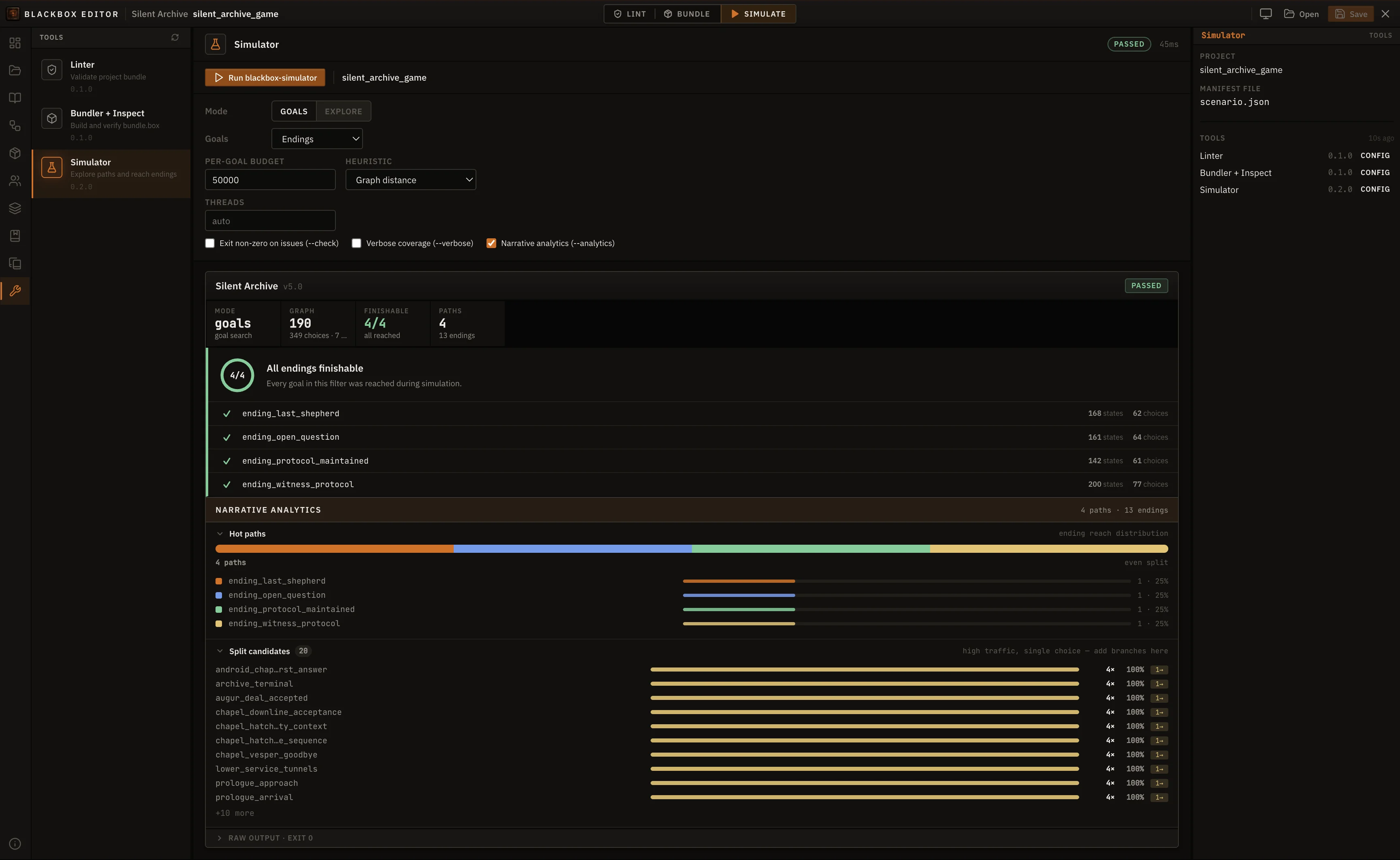 Blackbox Editor simulator with narrative analytics